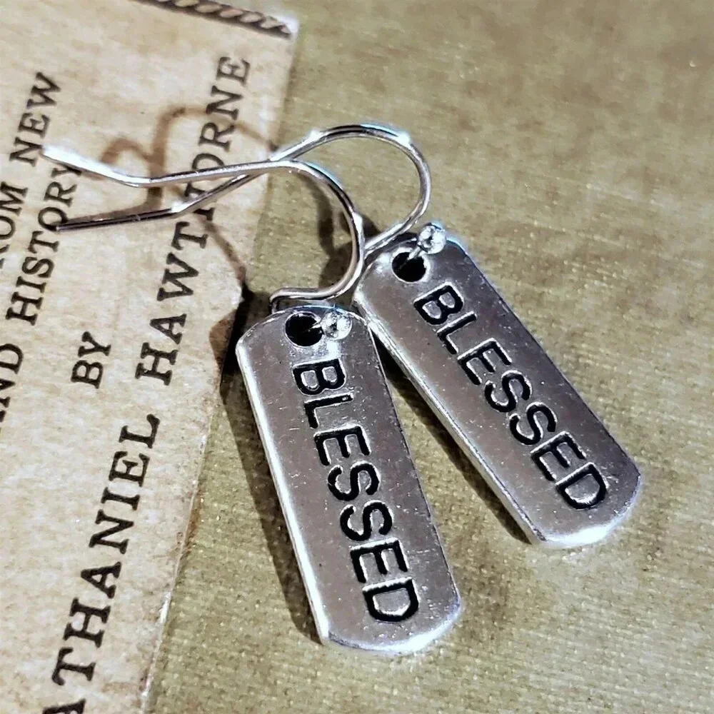Handcrafted Blessed Inspirational Word Message Carved Silver Black Earrings